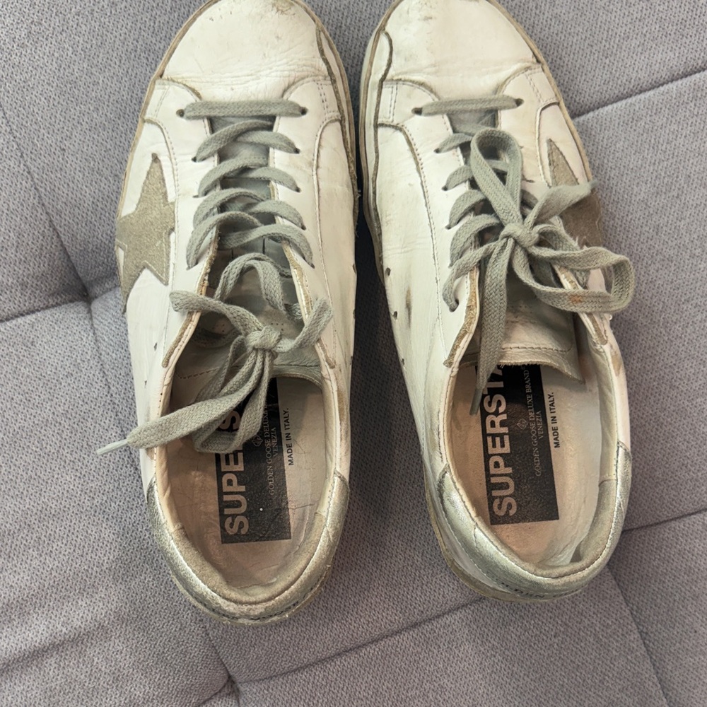 Golden Goose Cream and Gray Superstar Sneakers